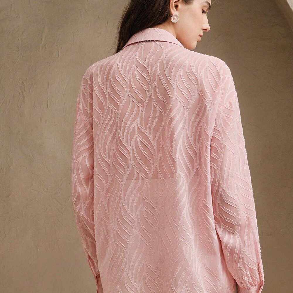 Baby Pink Elegant Women's French Beaded Floral Casual Long Sleeve Sheer Textured - Picture 6 of 8